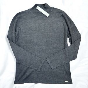 T Tahari Womens Mock Neck Sweater Top Size S Dark Grey Soft Knit Metallic Logo